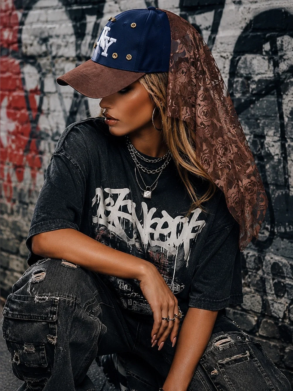 NY Lace Veil Baseball Cap Navy Brown Floral Scarf Hat Y2K Streetwear